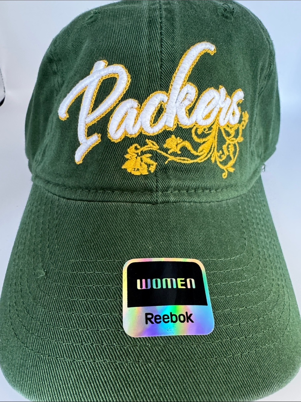 Reebok Women’s Green Hat with White and Yellow Packers Embroidery, strap back